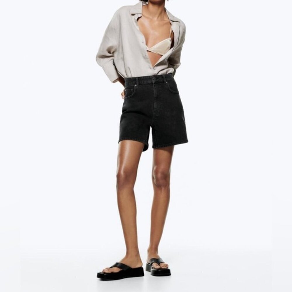 Zara High-Rise Black Denim Bermuda Shorts